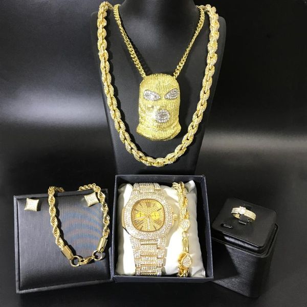 

earrings & necklace luxury men gold color watch braclete ring&earrings combo set out cuban crystal miami hip hop for, Silver