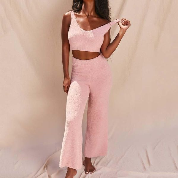 

women's two piece pants faux fur set women backless crop vest and high waist female party clubwear 2 sets womens outfits, White