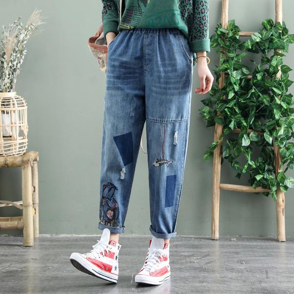 

women's jeans -xl cute fish&bird embroidery women vintage slim ankle denim pants, Blue
