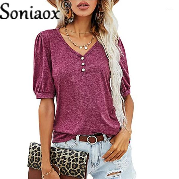 

women's blouses & shirts 2021 bubble short sleeve solid button elegant casual summer loose v-neck shirt ladies fashion street pullover, White