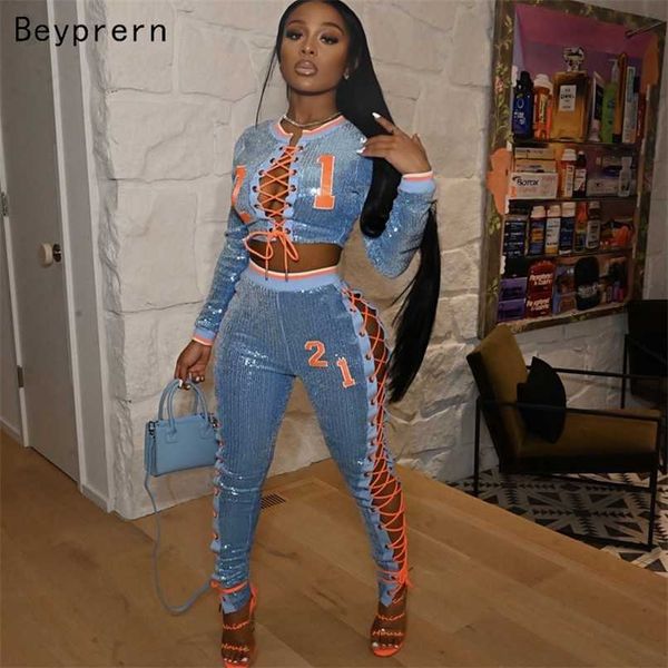 

beyprern runway women's joggers & sweatpant set two-piece suits shiny hollow out sequins bandage matching set birthday outfits 211116, Gray