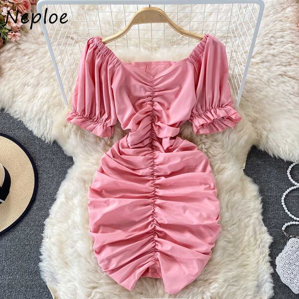 

neploe v neck clavicle exposed dress women high waist hip a line slim vestidos summer 2021 new flare short sleeve robe c0607, Black;gray
