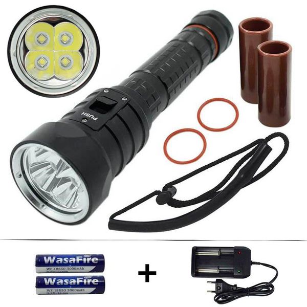 

powerful xm-l2 u2 diving underwater scuba led torch waterproof super bright dive light lamp + 18650 battery charger flashlights t torches