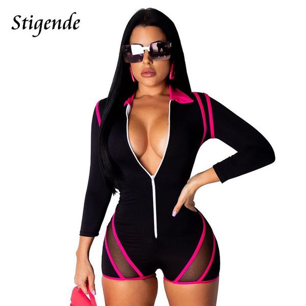

women's jumpsuits & rompers stigende long sleeve zipper party playsuit women skinny patchwork lace fitness romper turn down collar body, Black;white