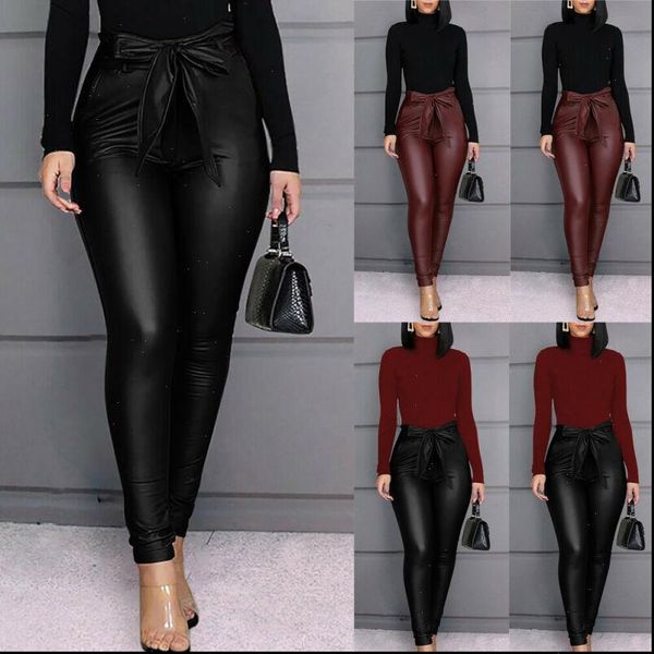 

pu leather pants womens legging stretchy skinny pencil trousers high waisted, Black