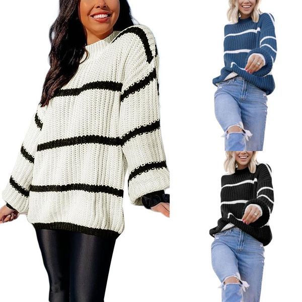 

women's sweaters women round neck sweaters, casual long sleeve striped print loose cable knit, White;black