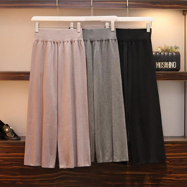 

women's pants & capris high waist wide leg women nine casual knitted female elastic trousers lady loose straight, Black;white