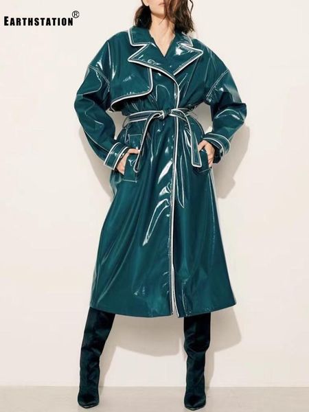 

women's trench coats retro contrast color lapel tie waist loose long pu leather windbreaker jacket ladies autumn fashion all-match styl, Tan;black