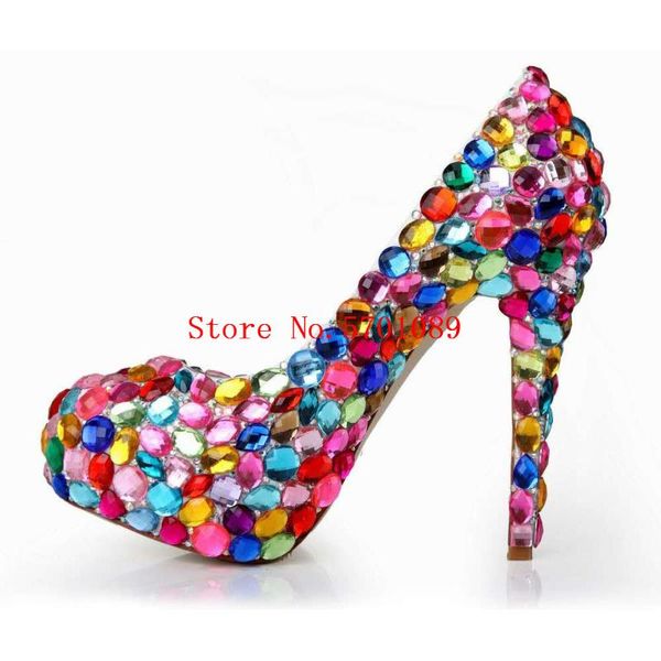 

dress shoes colorful glass drill stiletto 140mm high heel platform crystal pumps handmade rhinestone fashion wedding 35-41, Black