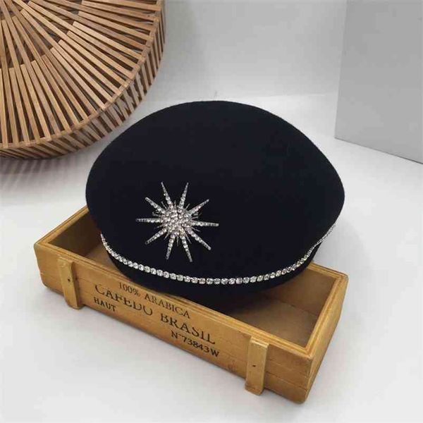 Europa und die Vereinigten Staaten Winterwolle Schwarz Advance Hats Diamond Socialite Cap Han Edition Japanische Baskenmütze für Frauen 210429