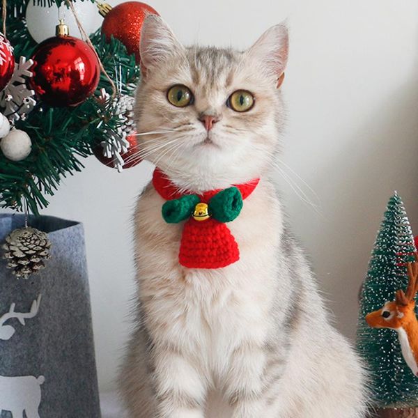 

cat costumes dog collar handmade wool knitting pet necklace christmas with bell scarf accessories hand-woven supplie zh829