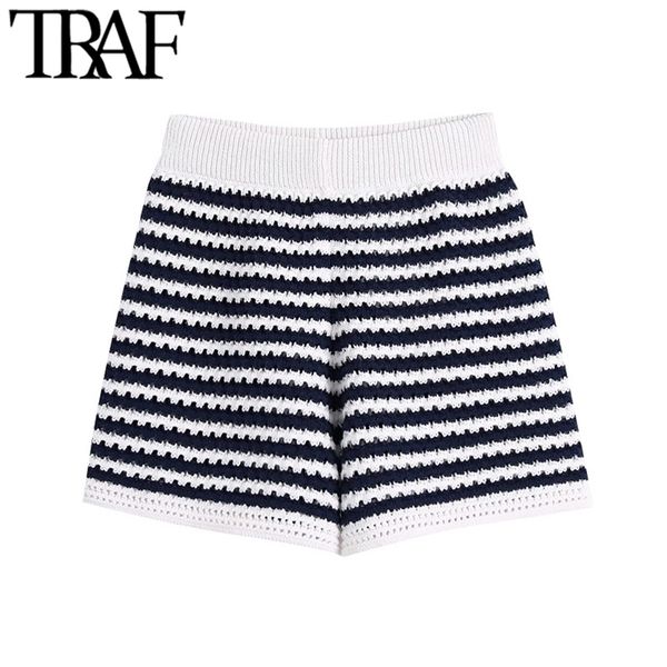 

traf women chic fashion striped knitted shorts vintage high elastic waist female short pants mujer 210621, White;black