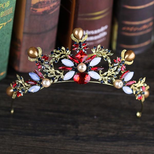 

hair clips & barrettes baroque vintage red crystal beads bridal tiaras crown royal queen rhinestone pageant wedding accessories for women, Golden;silver