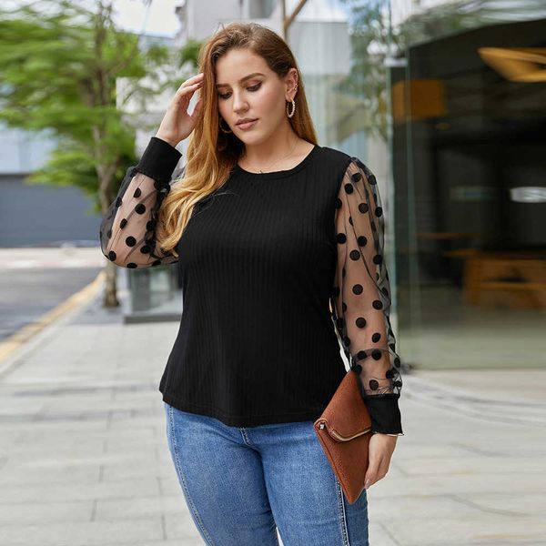

women loose t-shirts casual polka dot mesh patchwork see through long sleeve autumn tees elegant female pullover plus size 210526, White