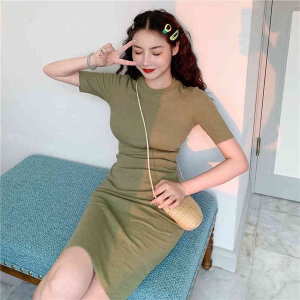 

women's tanks & camis high elasticity slim knit dress female round neck short sleeve tight package hip solid color fashion me jfm9, White