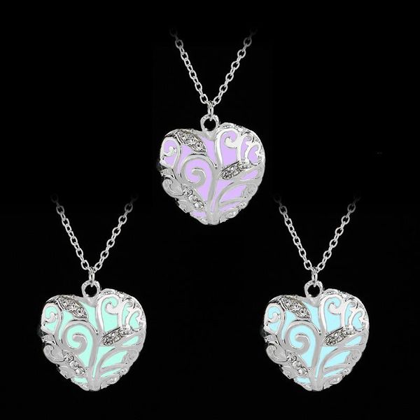 

pendant necklaces hollow heart-shaped necklace creative lady blue green purple luminous of women gifts, Silver