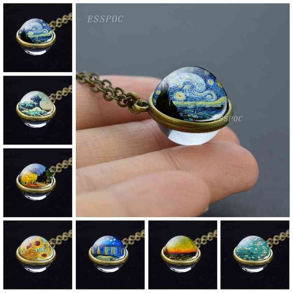 

2021 new pendant necklaces starry night van gogh art painting retro double side glass ball bronze copper alloy gifts for women pxy, Silver