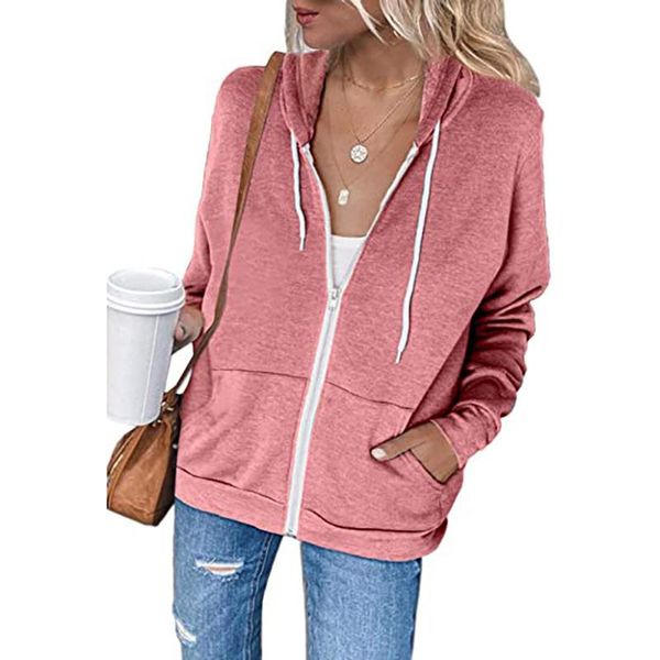 

women's jackets long-sleeved hooded sweater with drawstring pocket zipper cardigan jacket casual solid streetwear coat, Black;brown