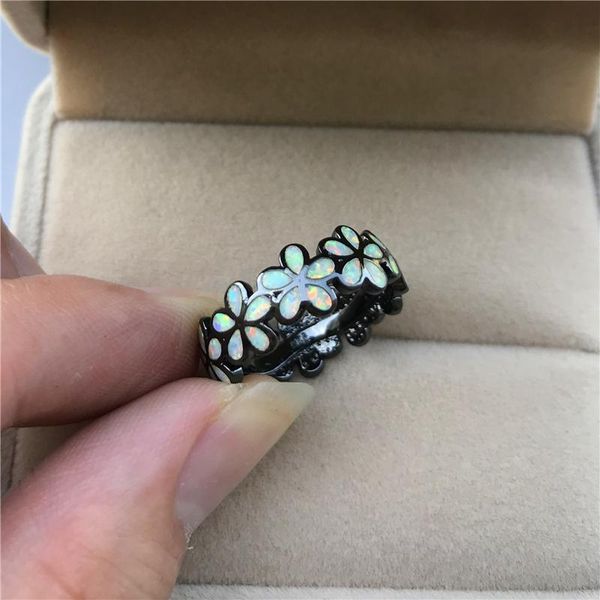 

wedding rings classic fashion black gold ring vintage female blue white opal luxury bridal flower thin engagement for women, Slivery;golden
