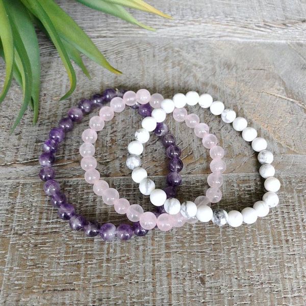 

tennis 6mm rose q-uartz amethysts and howlite bracelet for women healing stone beaded wrist calming jewelry anxiety relief set, Golden;silver