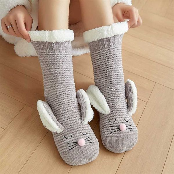 Winter Socken Frauen Zimmer Home Schlaf Weihnachtsstrümpfe Schnee Hausschuhe Teppich Socken Chaussette Nette Katze Dicke Tier Cartoon 211221