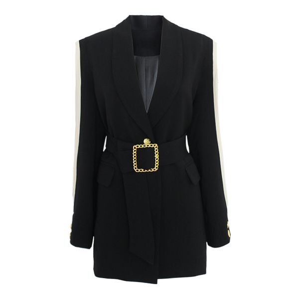 

paris girlwomen blazer feminino metal gold buckle belt black blazers femme fashion ladies jacket coat outwear mujer 210524, White;black