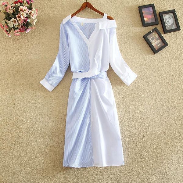 

casual dresses 2021 summer women off shoulder patchwork irrefular striped knee-length loose lady elegant quality, Black;gray