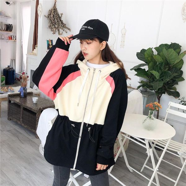 

women's hoodies & sweatshirts stitching ins agitation with closed draw string waist han edition hooded cardigan fleece female loose coa, Black