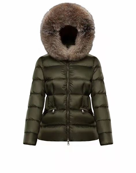 

women nylon short down jacket zipper closure pockets beltthick warm coat classic designer lady fur hood winter outwear, Black