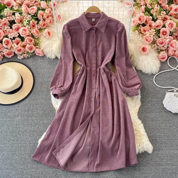 

casual dresses uulutonica autumn women elegant fashion a-line solid full button mid-calf empire corduroy single breasted dress, Black;gray