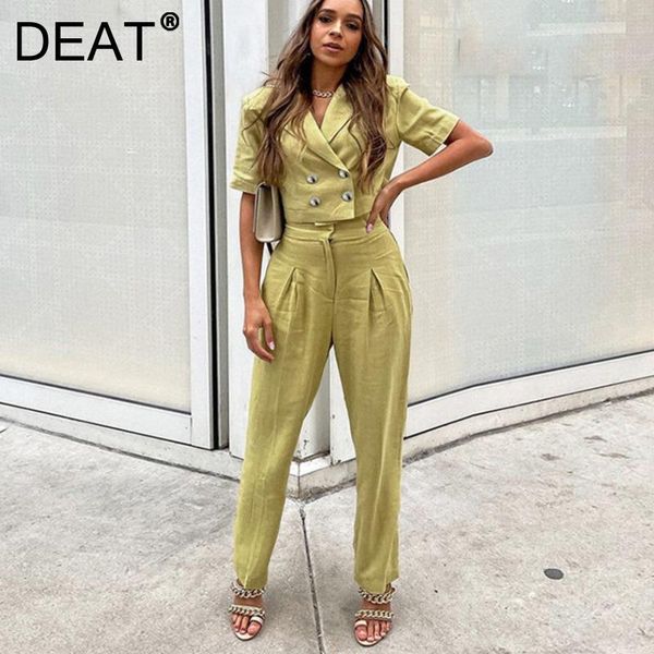 

women's two piece pants deat 2021 spring and summer fashion casual suit breasted short sleeve trousers shirt collar v-neck set women sl, White