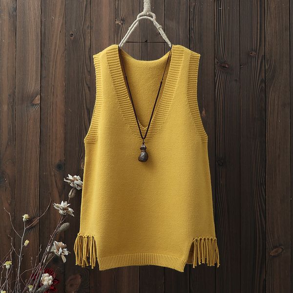 

knits korean spring v-neck sleeveless knit sweater vest women solid tassels hem waistcoat female casual pullover jumpers ladies, White