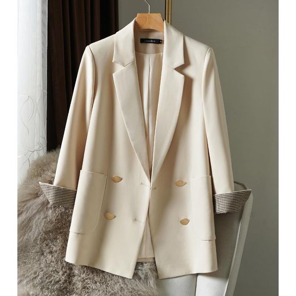 

women's suits & blazers ftlzz spring autumn office lady loose blazer double-breasted british style jacket long sleeve plaid splicing de, White;black