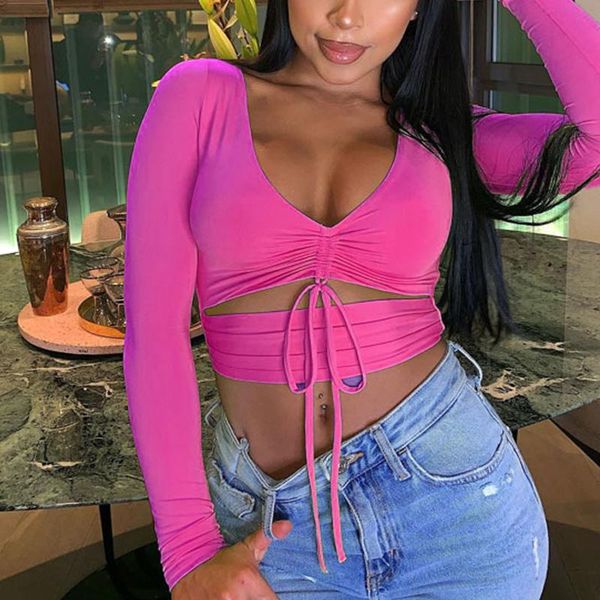 

women's t-shirt bandage neon autumn women fashion crop club party 2021 v neck lace up t shirts female hollow out full tees m0811, White