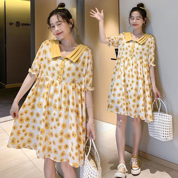 

8122# maternity clothes summer chiffon pleated plus size patchwork short sleeves loose stylish dress pregnant women mom dresses, White