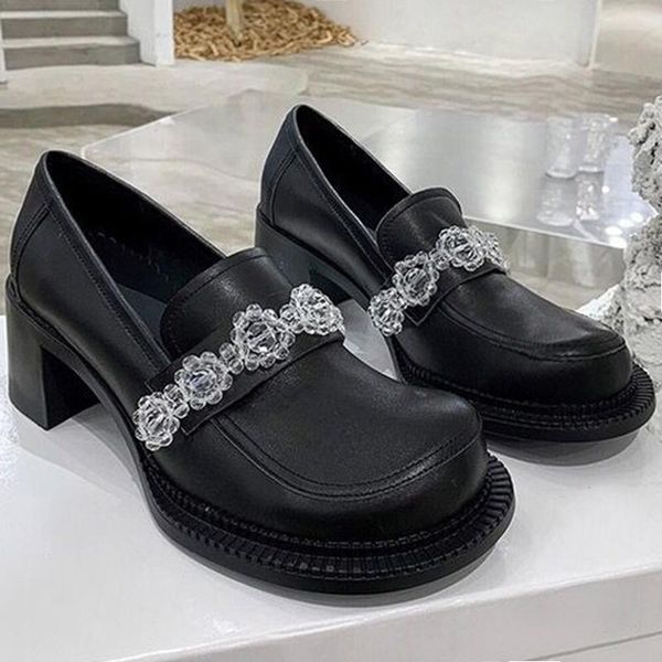 

mary jane shoes women retro thick heel 2021 spring british style small leather crystal loafers big head doll dress, Black