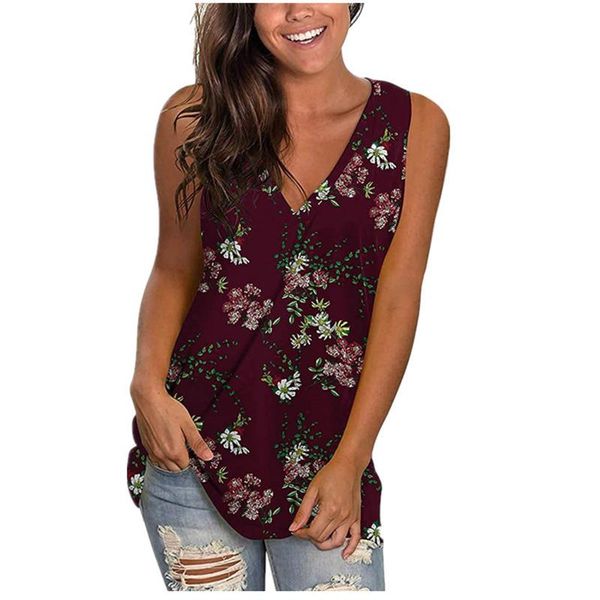 

women's tanks & camis 2021 lady casual printing v-neck sleeveness loose vest blouses, White