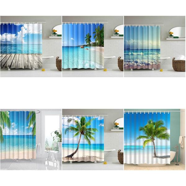 

shower curtains summer wave palm tree scenery waterproof curtain beach landscape bathroom 3d nature with hooks 180x180cm