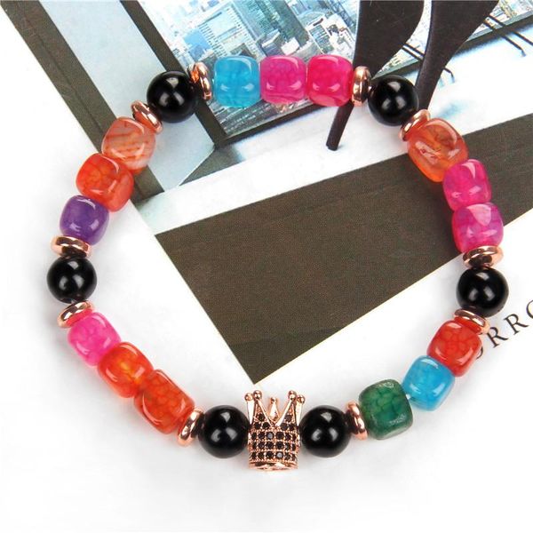 

beaded, strands natural stone beads bracelet square cube agates crown king queen charm bracelets fashion jewelry for boy girl gifts, Black