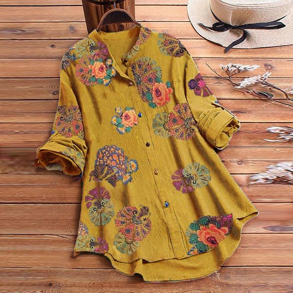 

women's blouses & shirts women vintage cotton linen blouse autumn long sleeve flower print shirt casual tunic femininas plus size blus, White
