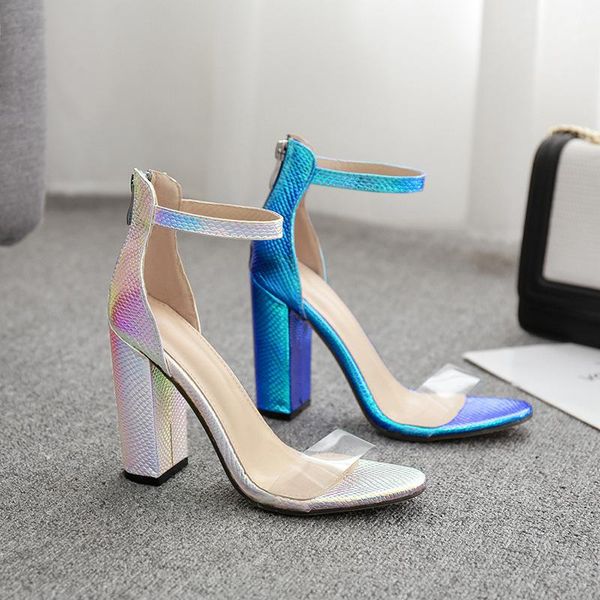 

ankle strap women sandals pu buckle square heel 11cm colorful open toe summer high shoes office work sandalias, Black