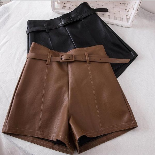 

women's shorts casual pu leather for women high waist sashes wide leg 2021 autumn winter loose, White;black