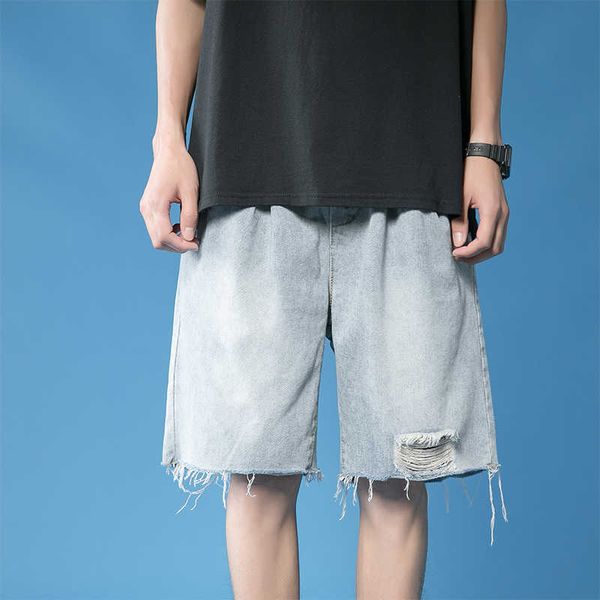

men's jeans summer drawstring denim shorts fashion casual blue hole men streetwear loose hip-hop ripped mens ko9o