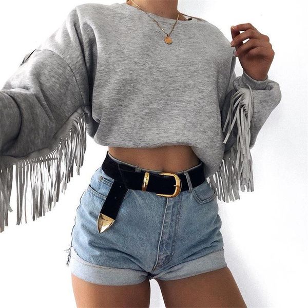 

women's hoodies & sweatshirts 2021 women coat short hoodie with tassels cotton o neck casual outwear for girl lady streetwear black gre