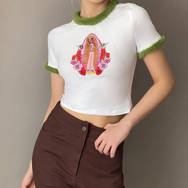 

women's t-shirt women fashion short sleeve print stylish crop casual clothes tees clothing for summer female ladies, White