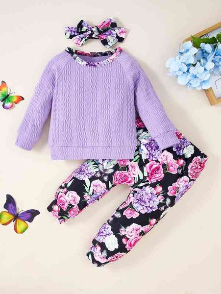 

baby floral print raglan sleeve textured pullover & sweatpants & headband she, White