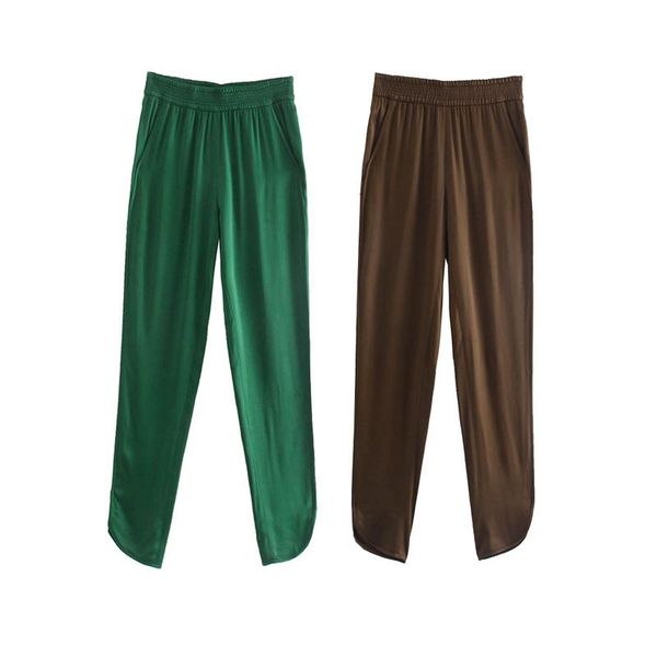 

women's pants & capris 2021 za brown satin trousers with vents women fashion high-waist elastic pleated casual ladies vintage sports, Black;white