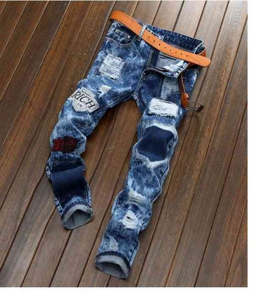 

jeans men's fashion vintage mens ripped pants slim fit distressed hip hop denim cool male novelty streetwear jean trousers m391, Blue