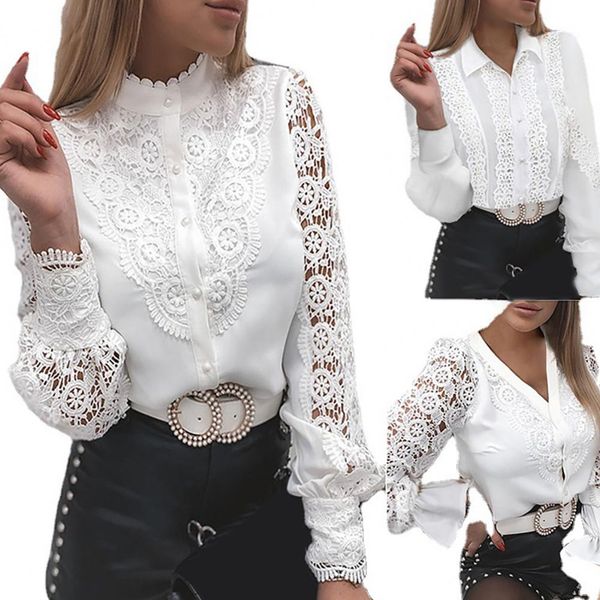 

design women lace patchwork hollow out shirt long sleeve crew neck button mesh design blouse spring fashion white vintage s