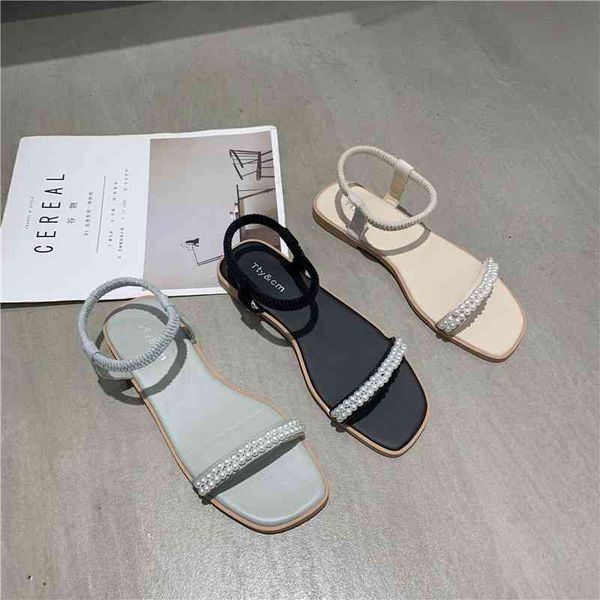 

pearl 2021 new women's single slip fashion simple roman sandal flat, Black